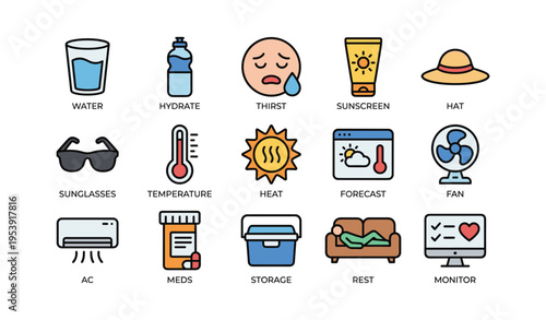 Summer essentials icons: hydration, sun protection, cooling, and health management