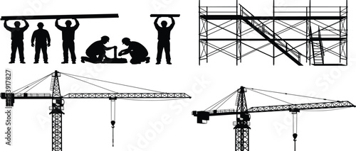 Construction worker silhouettes with cranes and scaffolding, builders working on site, black vector illustration set for engineering, industry, architecture, and development design