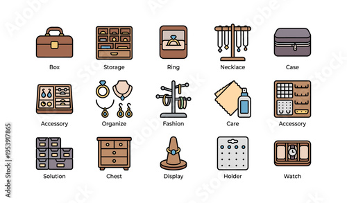 Jewelry organization icons set: box, storage, ring, necklace, case, accessories