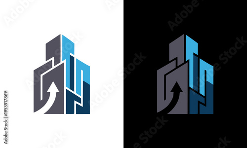 Graphic design elements showcase abstract shapes and arrows on white and black backgrounds