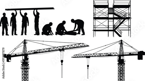 Construction worker silhouettes with cranes and scaffolding, builders working on site, black vector illustration set for engineering, industry, architecture, infrastructure design