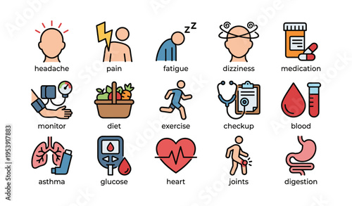 Health and wellness icons: headache, pain, fatigue, diet, exercise, checkup, heart health