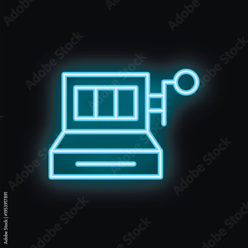 Blue neon slot machine glowing on a black background