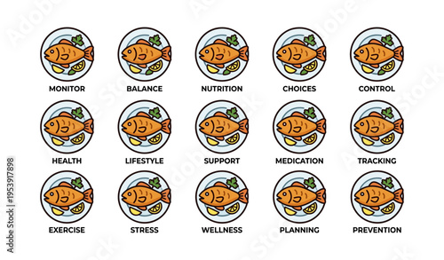 Healthy lifestyle icons featuring fish and wellness themes with nutrition elements