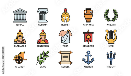 Ancient greek and roman symbols: temple, armor, amphora, and more icons