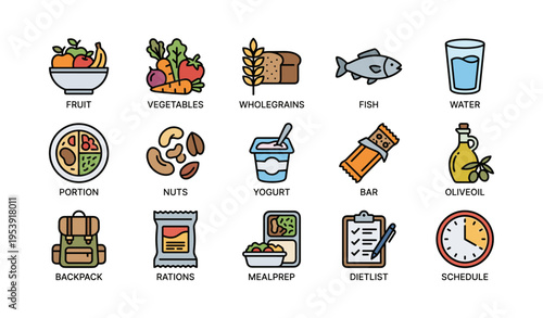 Healthy eating icons: fruits, vegetables, whole grains, fish, and more