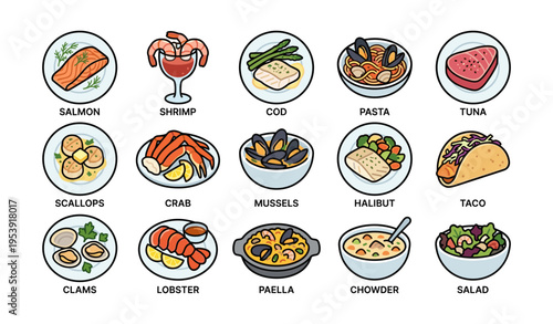 Variety of delicious seafood dishes and ingredients in circular icons