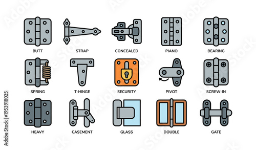 Various hinge types: butt, strap, concealed, piano, bearing, spring, t-hinge, security