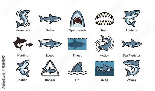 Shark icon set illustrating movement, threat, and sea predator traits