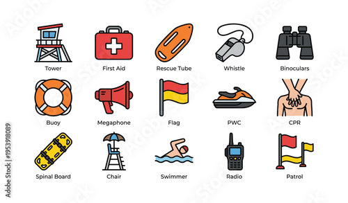 Lifeguard equipment icons featuring rescue gear and safety items