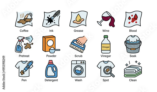 Stain removal icons: coffee, ink, grease, wine, blood, pretreat, powder, scrub, vinegar, soak