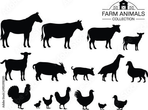 Farm animal silhouettes collection, black livestock and poultry set with barn logo, cow horse goat pig duck chicken vector illustration, rural agriculture design icons