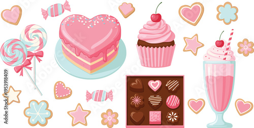 Cute Pastel Valentine Dessert Vector Set with Heart Cake, Cupcake, Candy, Chocolate Box, Milkshake, and Sweet Treat Icons for Romantic Design