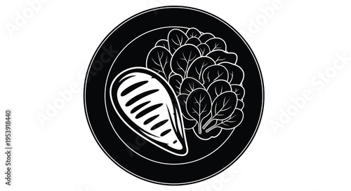 A stylized black and white illustration depicts a plate with fish and leafy greens