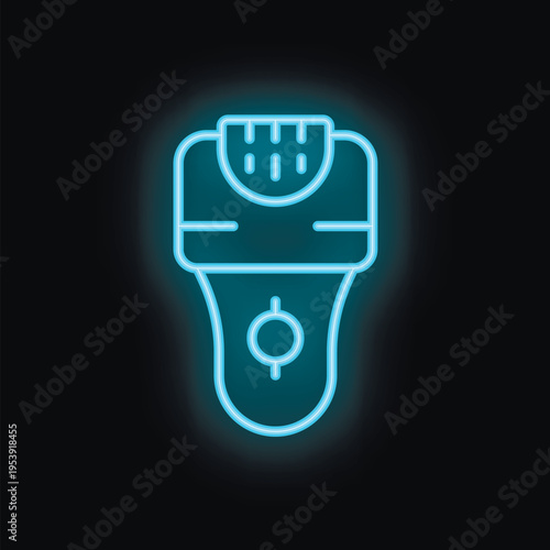 Blue glowing neon icon of modern electric epilator depilating device on a black background