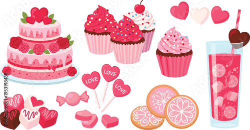 Sweet Valentine's Day Desserts Set Featuring Cakes, Cupcakes, Cookies, Candies, and Drinks in Pink and Red Colors