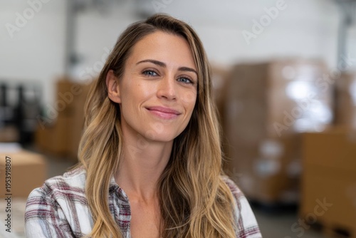 Free Download Young woman worker smiling in warehouse with stacked cardboard boxes in background for logistics, inventory, shipping and packaging process at industrial storage facility. - GFXLoad