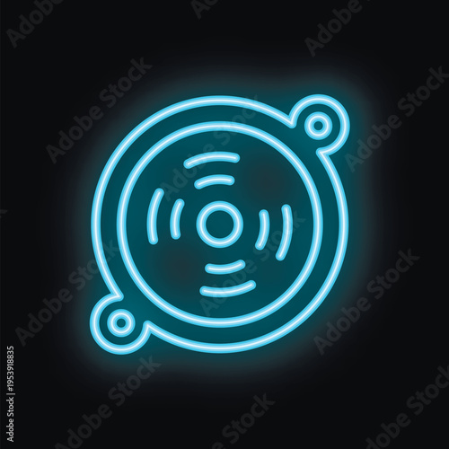 Blue neon icon of a cpu cooler with heatsink fan glowing on a black background
