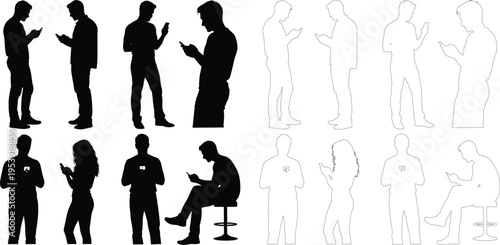People Using Smartphone Silhouette Set Men and Women Mobile Phone Addiction Social Media Communication Vector Illustration Black and Outline Collection