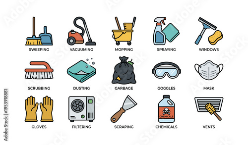 Colorful cleaning equipment icons with various tools and safety gear