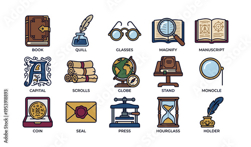 Vintage library icons collection featuring books, quill, globe, and magnifying glass