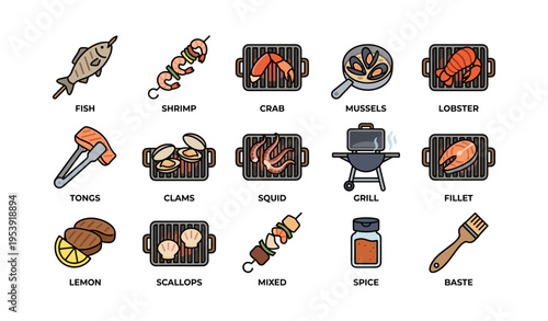 Seafood bbq icons: fish, shrimp, crab, mussels, lobster, clams, squid, scallops
