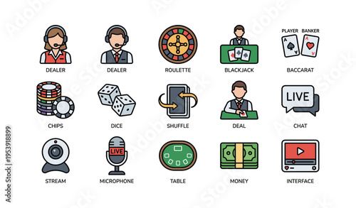Colorful casino game icons featuring deal, dealer, roulette, and dice illustrations