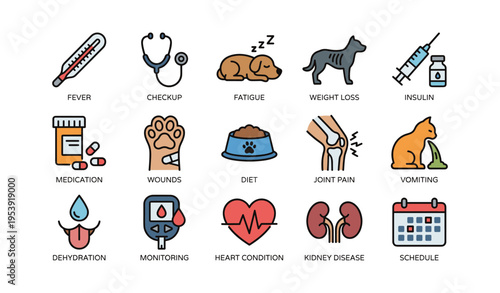 Veterinary health icons illustrating common pet symptoms and medical care