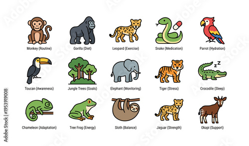 Jungle animals and their activities: monkey, gorilla, leopard, snake, parrot, toucan, elephant, tiger, crocodile