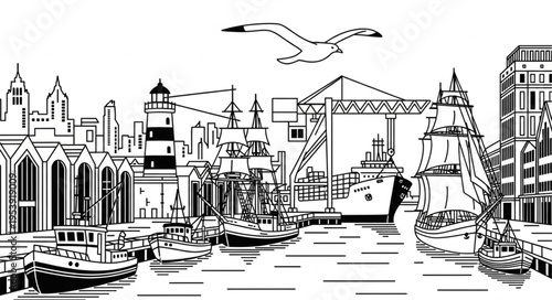 Bustling Harbor Scene with Ships, Lighthouse, and Seagull.
