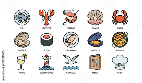 Seafood icons collection featuring sushi, paella, and chef hat illustrations