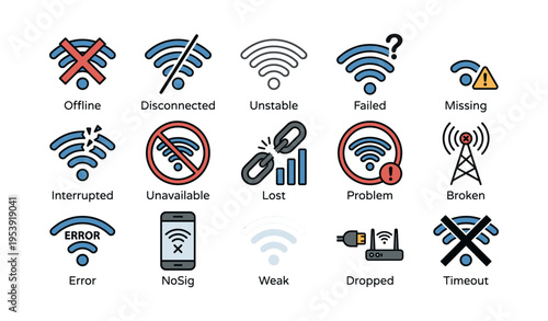 Icon set of wi-fi connectivity issues including offline, disconnected, unstable, and error symbols