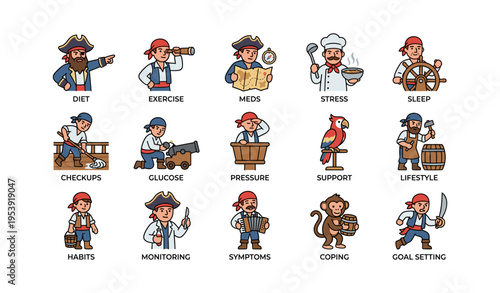 Cartoon pirates illustrating health and wellness concepts with various activities