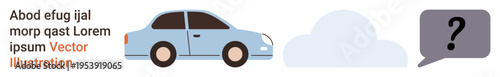 Transportation, decision-making, questions, problem-solving, cloud data, travel. Blue car with cloud and question mark speech bubble. Transportation and decision-making concept