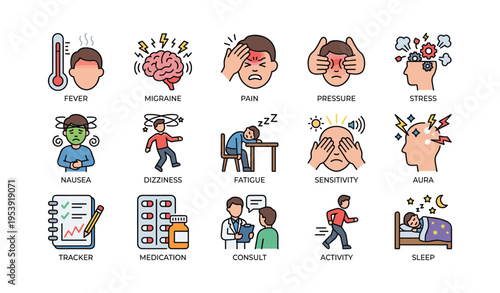 Icons depicting various headache symptoms and related activities