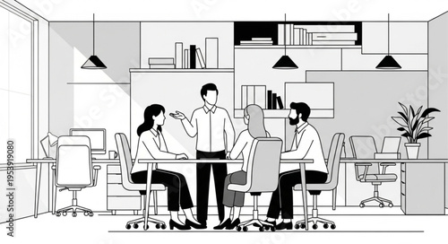 Team Meeting in Modern Office Space Illustration.