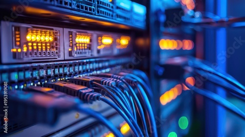 Close-up of a complex network server rack with multiple cables and lights, highlighting the intricate details of a modern data center infrastructure.