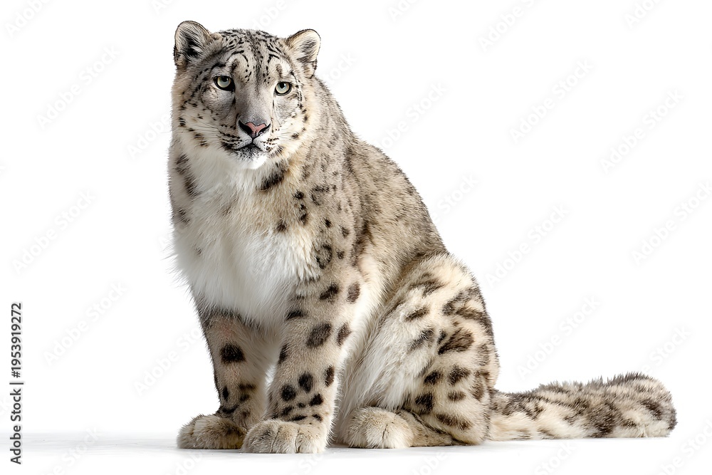 Obraz premium A snow leopard sits calmly on a white background looking towards the viewer