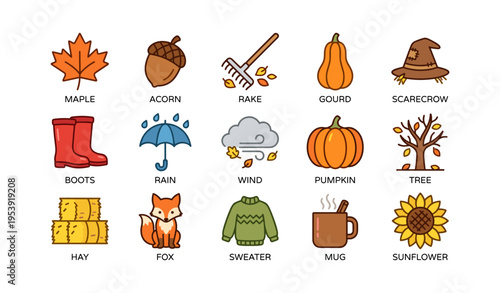 Autumn icons: maple, acorn, rake, gourd, scarecrow, pumpkin, sunflower