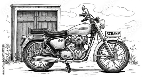 Detailed Line Art of a Classic Motorcycle with SCRANP License Plate.