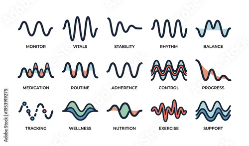 Visual representation of health metrics and wellness concepts through abstract wave designs