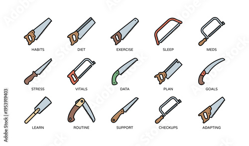 Variety of saws with labels representing different health and wellness concepts