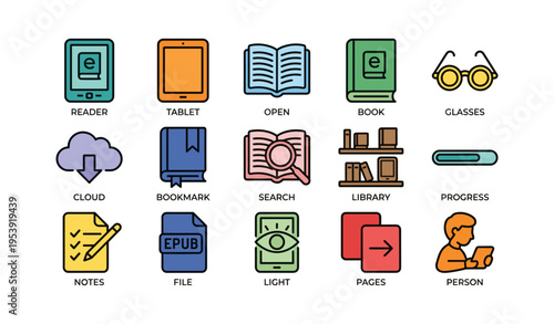 Colorful icons of digital reading and library tools