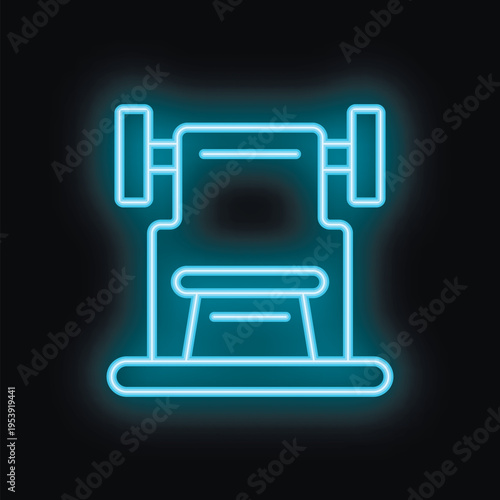 Blue neon icon of a bench press machine glowing on a dark background