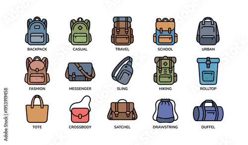 Collection of various backpack and bag styles including casual, travel, and school designs