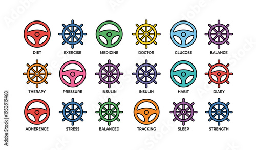 Colorful wheel icons illustrating various health and lifestyle aspects