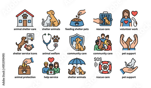Animal shelter services and community care icons with pets and volunteers