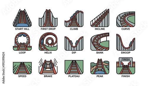 Illustrated roller coaster elements: loop, bank, helix, swoop, peak, finish, brake, incline, curve, climb