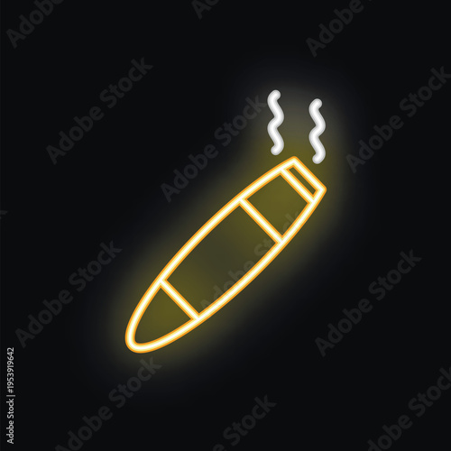 Yellow neon sign of a smoking cigar glowing on a black background