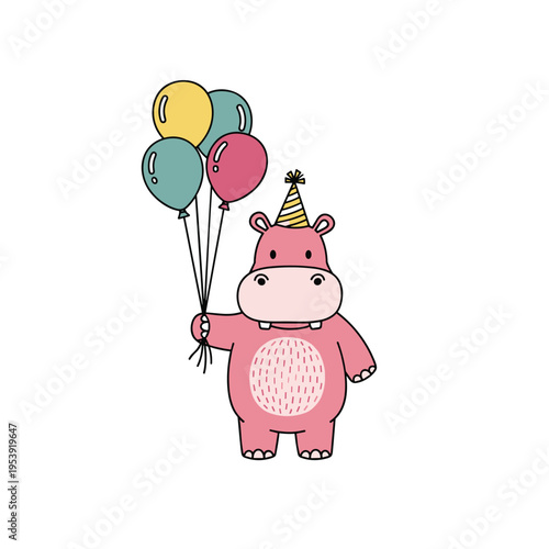 Cute pink hippo wearing a party hat holding birthday balloons